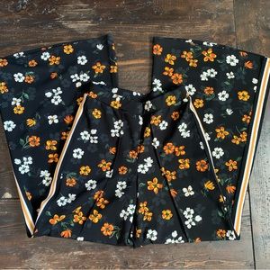 Project 28 NYC Black, White & Orange Floral Wide Leg Pants w/ Side Stripe